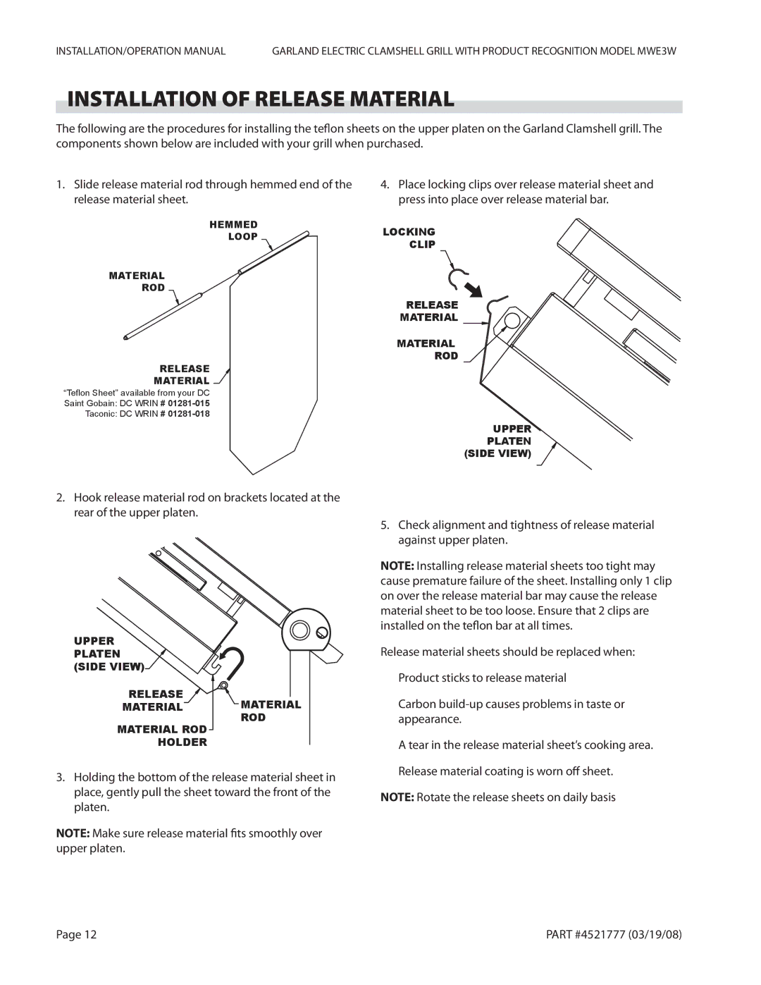 Garland MWE3W operation manual Installation of Release Material 