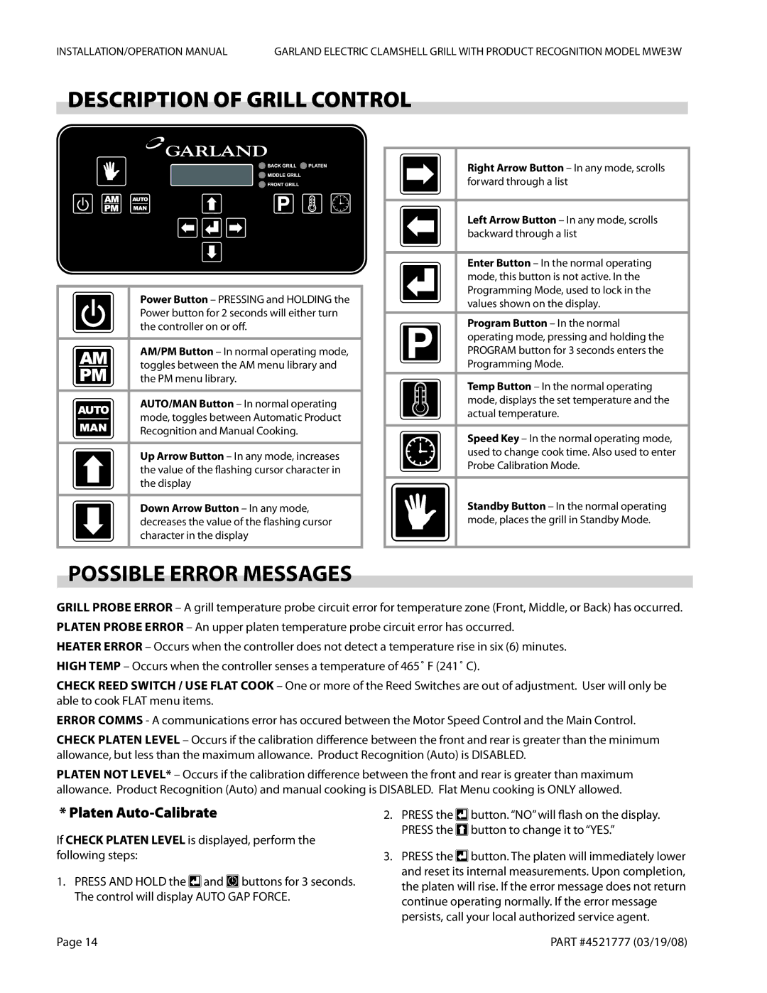 Garland MWE3W operation manual Description of Grill Control, Possible Error Messages, Platen Auto-Calibrate 