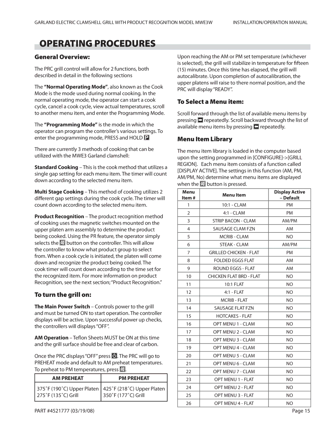 Garland MWE3W Operating Procedures, General Overview, To Select a Menu item, Menu Item Library, To turn the grill on 