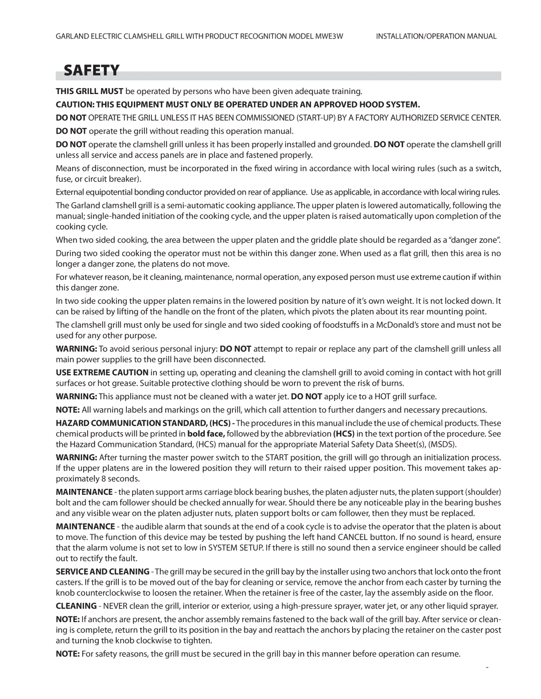 Garland MWE3W operation manual Safety 