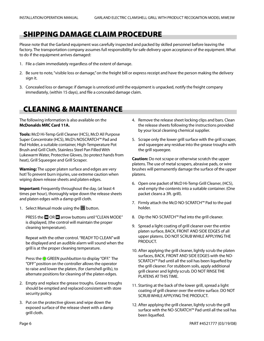 Garland MWE3W Shipping Damage Claim Procedure, Cleaning & Maintenance, Following information is also available on 