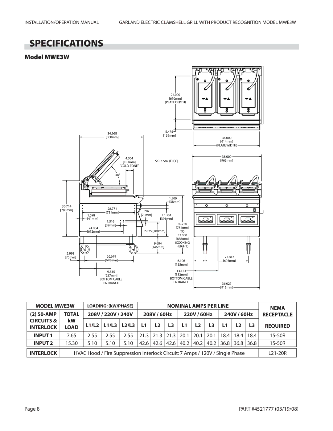 Garland operation manual Specifications, Model MWE3W, 50-AMP, 208V / 220V 208V / 60Hz 220V / 60Hz 240V / 60Hz, 15.30 