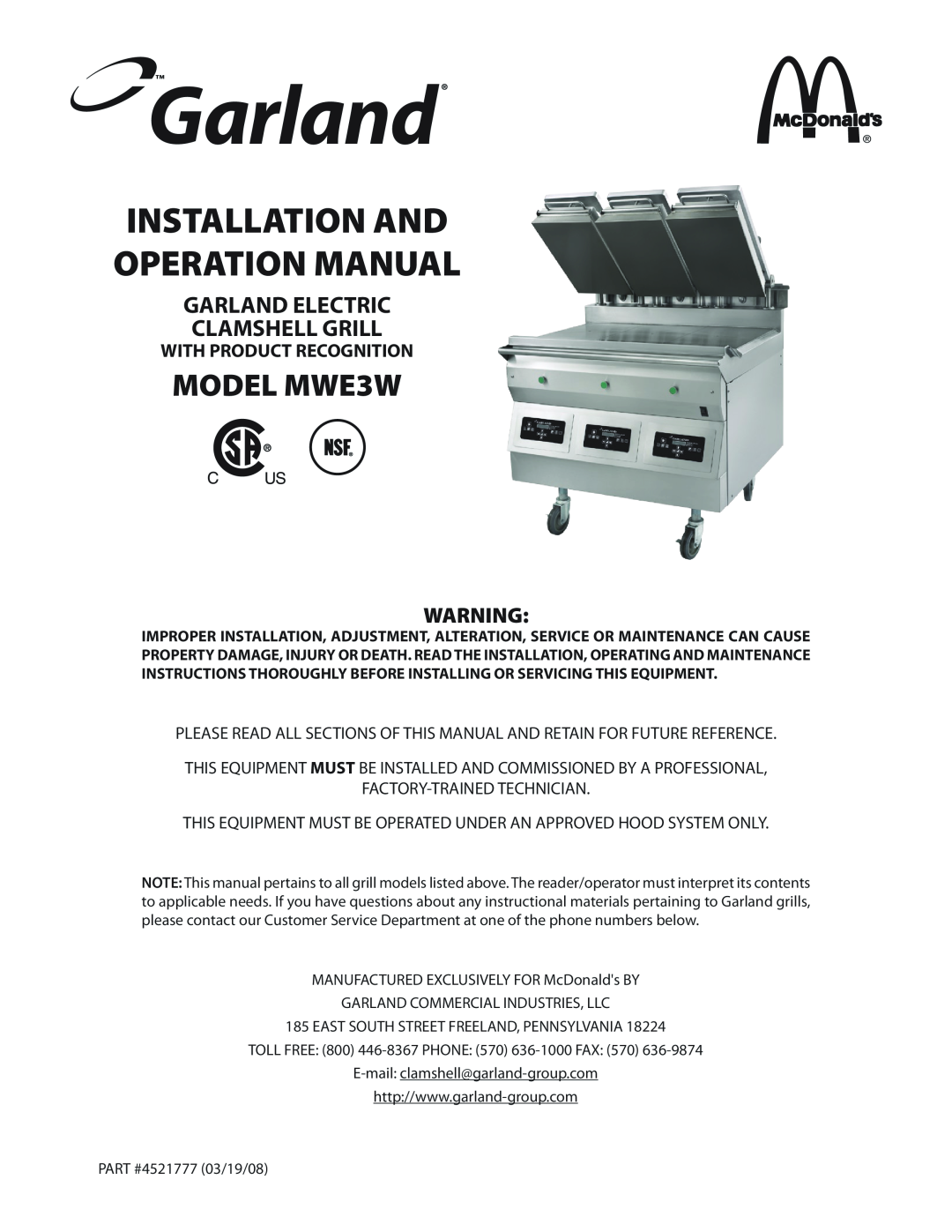 Garland operation manual With Product Recognition, MODEL MWE3W, Garland Electric Clamshell Grill 