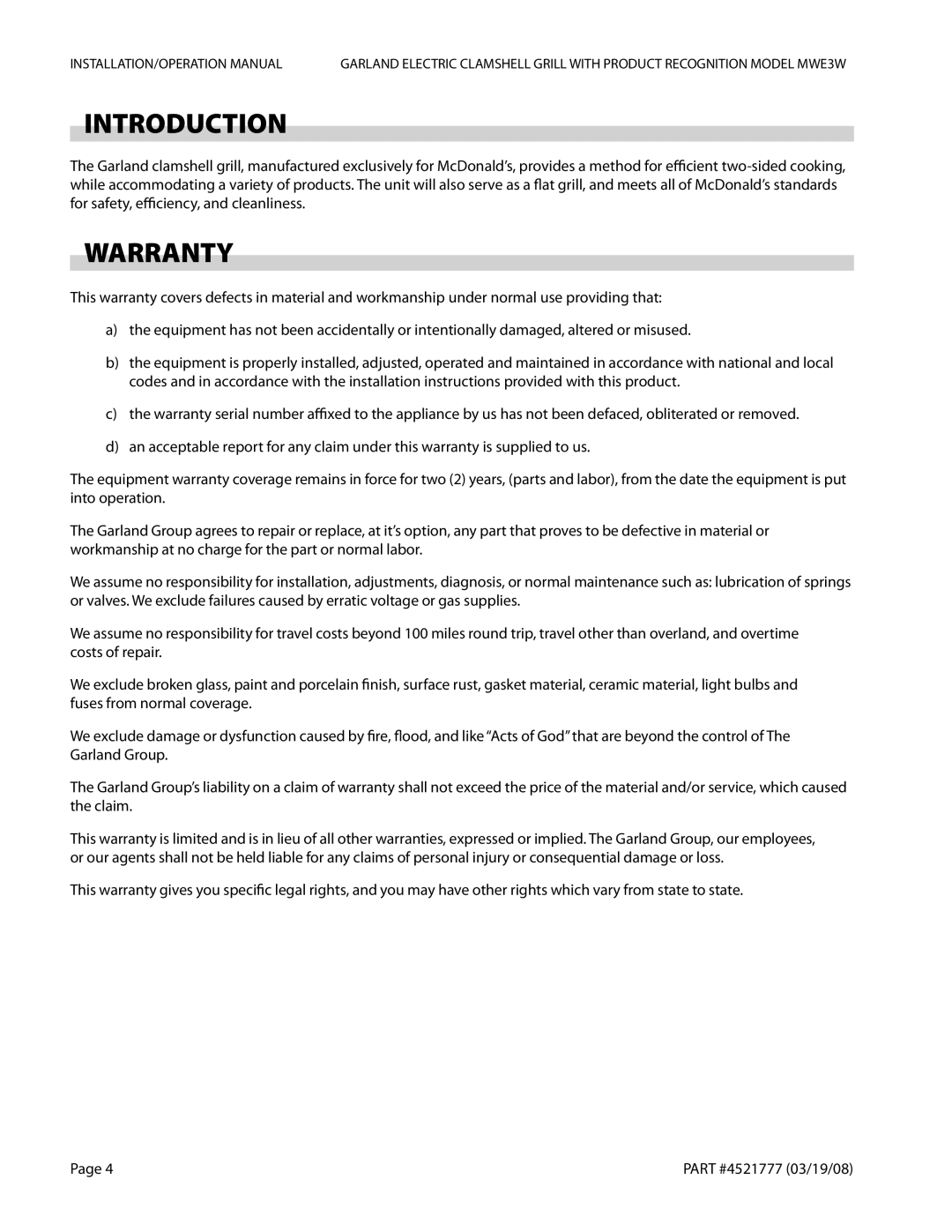 Garland MWE3W operation manual Introduction, Warranty 