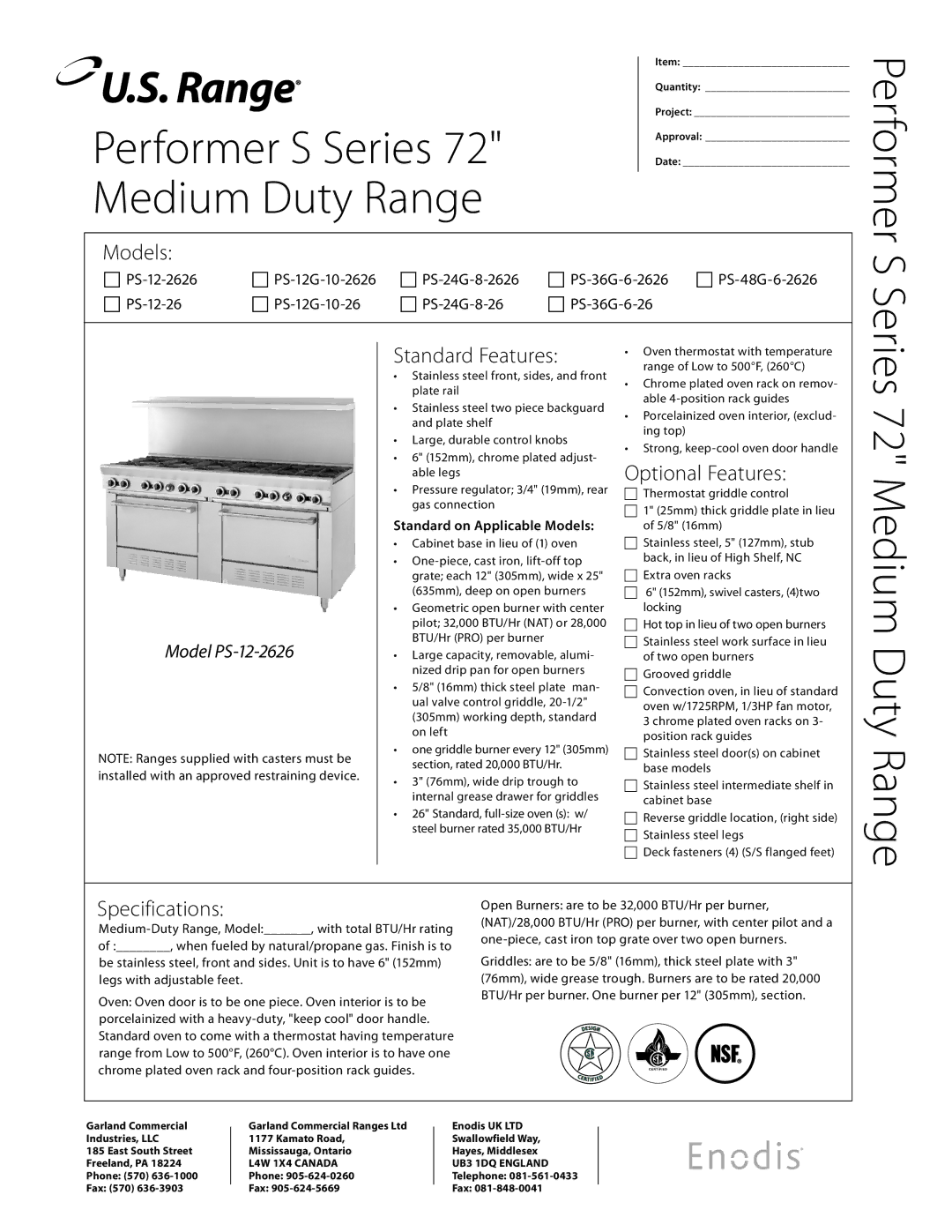 Garland PS-24G-8-2626 specifications Medium Duty Range, Models, Standard Features, Optional Features, Specifications 