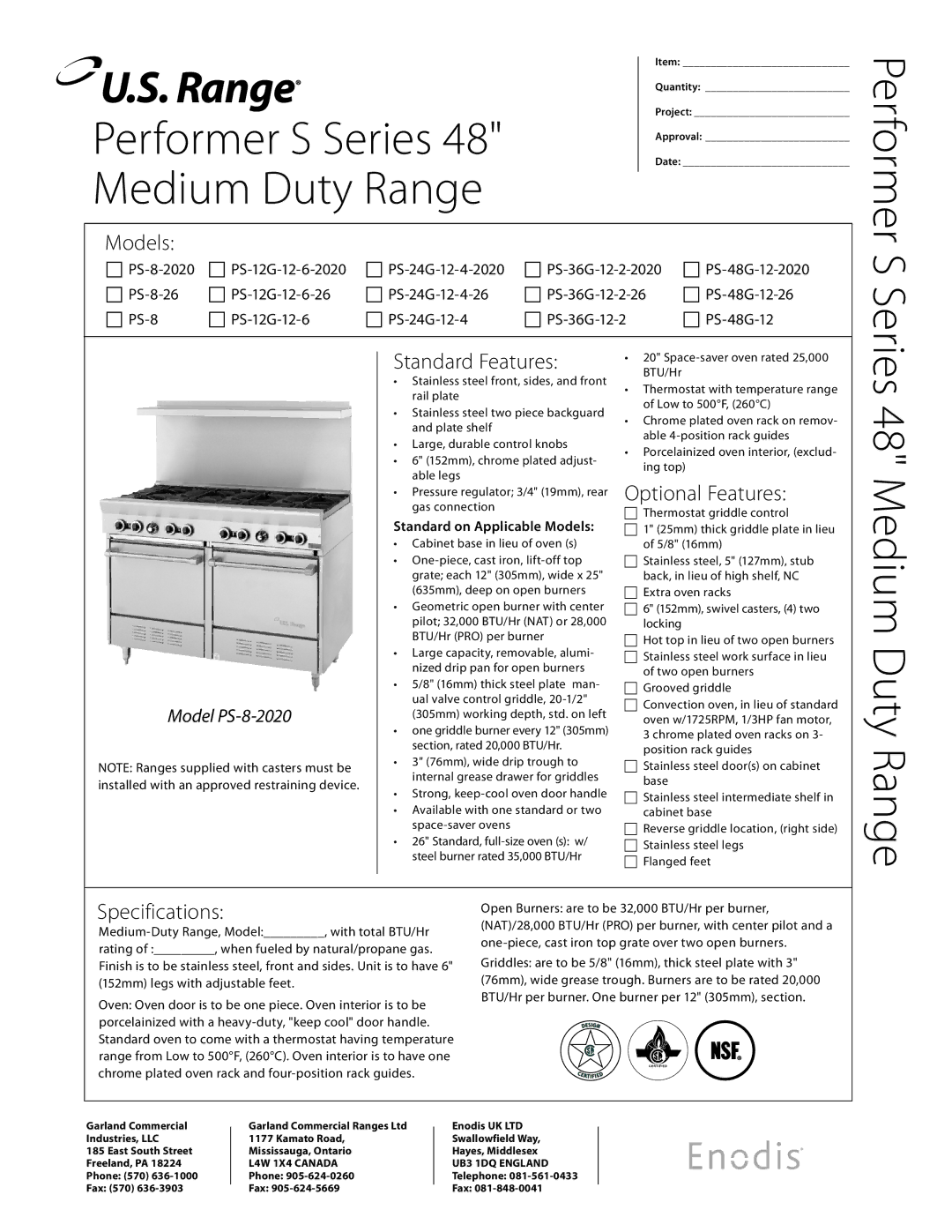 Garland PS-24G-12-4-26, PS-12G-12-6 specifications Performer, Models, Standard Features, Optional Features, Specifications 