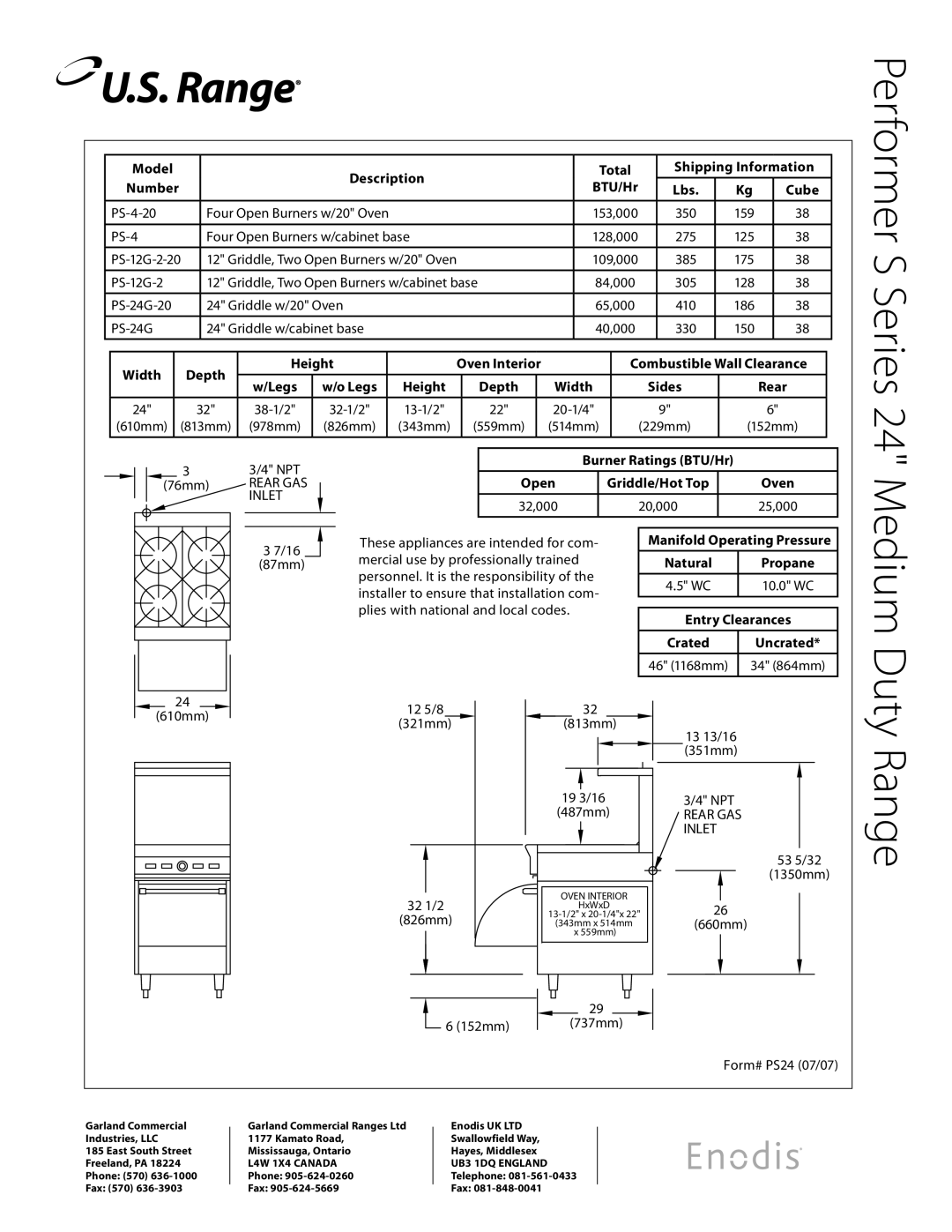 Garland PS-4-20, PS-24G-20, PS-12G-2-20 specifications Open Griddle/Hot Top Oven, Propane, Entry Clearances, Uncrated 