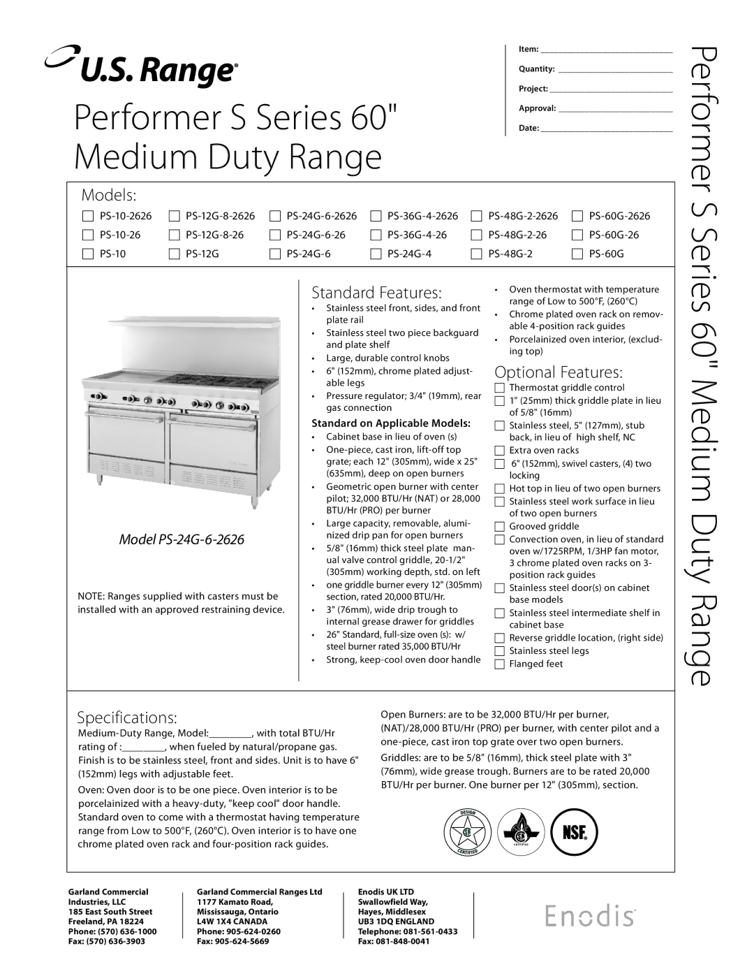 Garland PS-12G-8-2626 specifications Medium Duty Range, Models, Standard Features, Optional Features, Specifications 