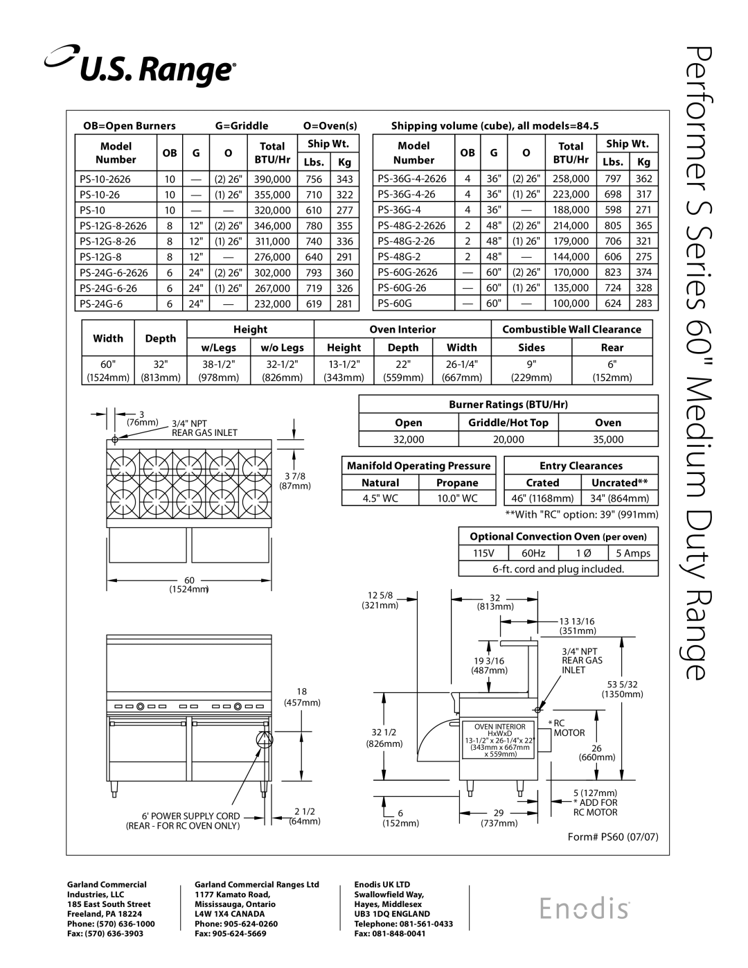 Garland PS-24G-4, PS-24G-6-2626, PS-12G-8-2626, PS-10-2626, PS-48G-2-2626, PS-60G-2626, PS-36G-4-2626 specifications Range 