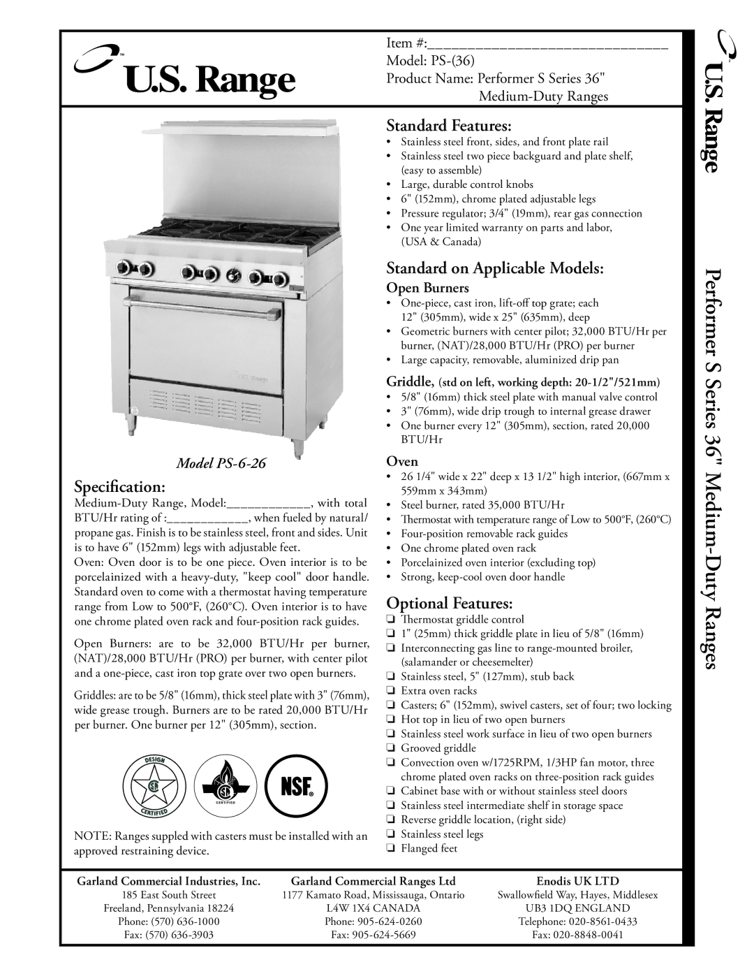 Garland PS-(36) warranty Performer S Series 36 Medium-Duty Ranges, Speciﬁcation, Standard Features, Optional Features 