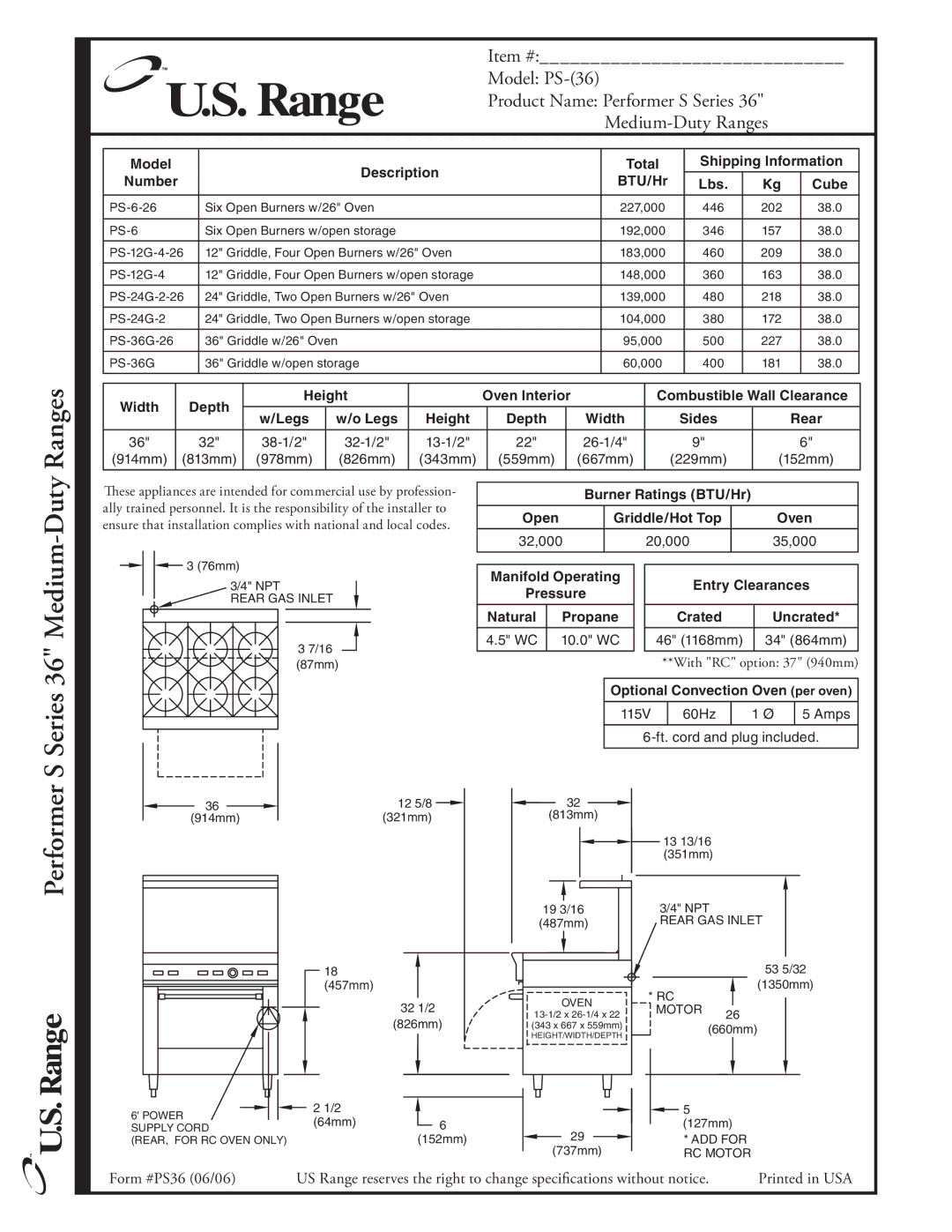 Garland PS-(36) warranty Ranges, Series 36 Medium-Duty, Performer 