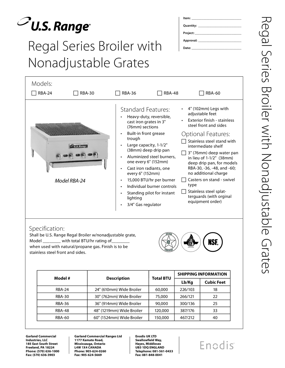 Garland RBA-48, RBA-60, RBA-24, RBA-36 specifications Models, Broiler, Standard Features, Optional Features, Specification 