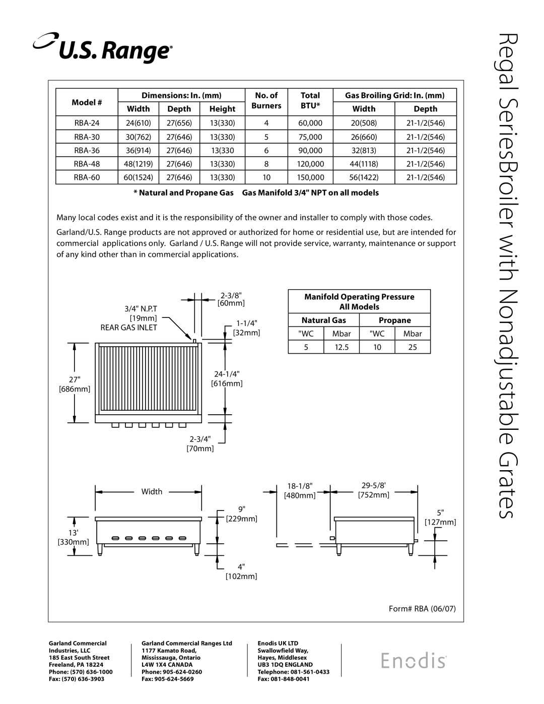 Garland RBA-24, RBA-60, RBA-48, RBA-36, RBA-30 specifications Model # Dimensions In. mm No. Total, Width Depth Height 