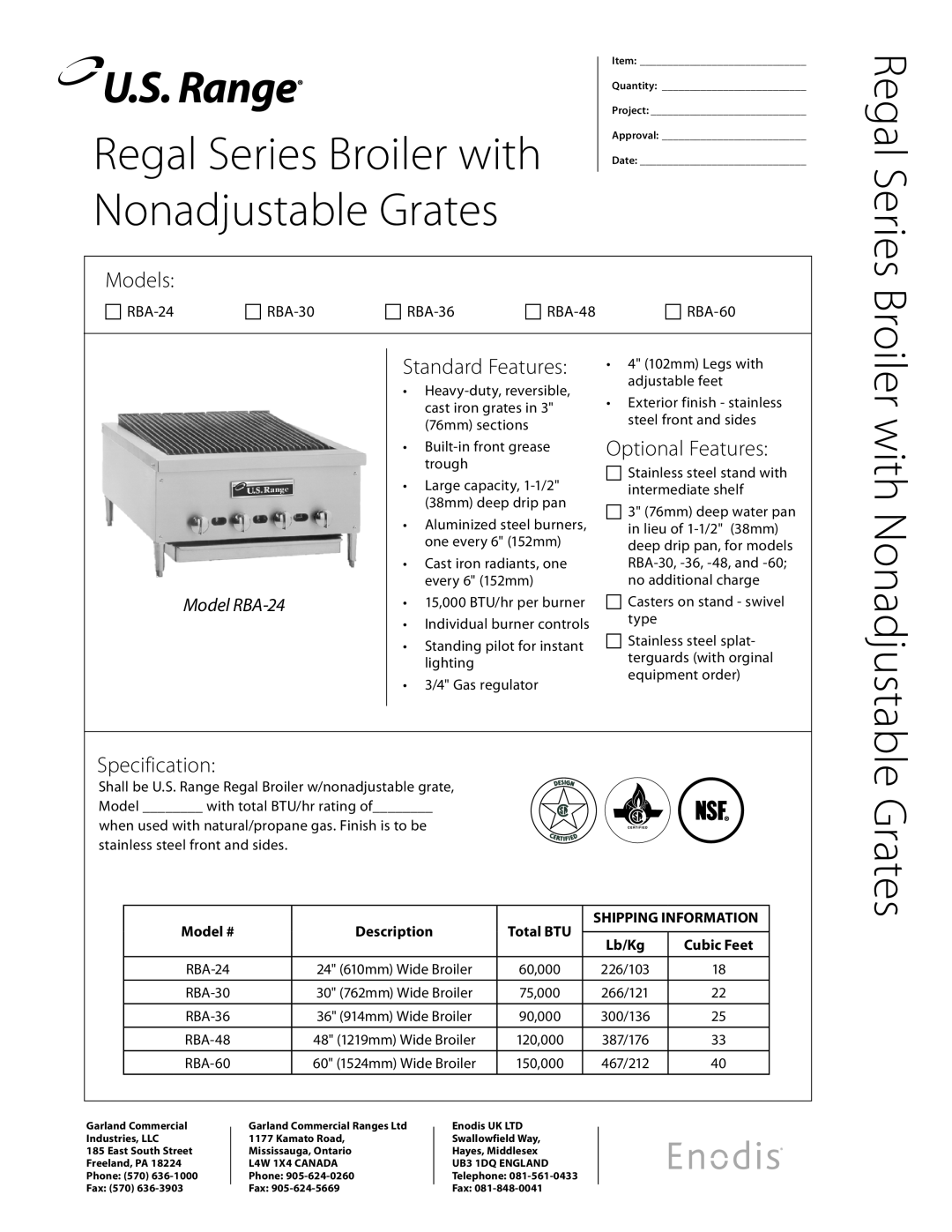 Garland RBA-48, RBA-60 specifications Regal Series Broiler with, Nonadjustable Grates, with Nonadjustable, Models 