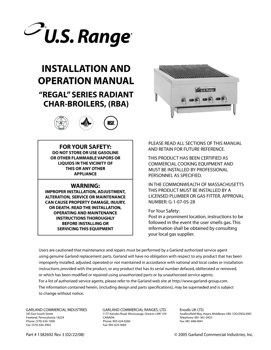 Garland RBA Series operation manual Rev 3 02/22/08, Garland Commercial Industries, Inc 