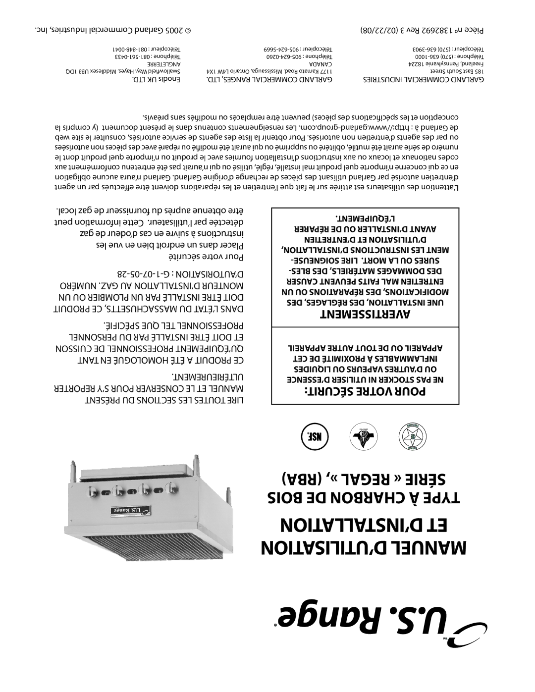 Garland RBA Series operation manual Inc Industries, Commercial Garland, 02/22/08 3 Rev 1382692 nº Pièce 