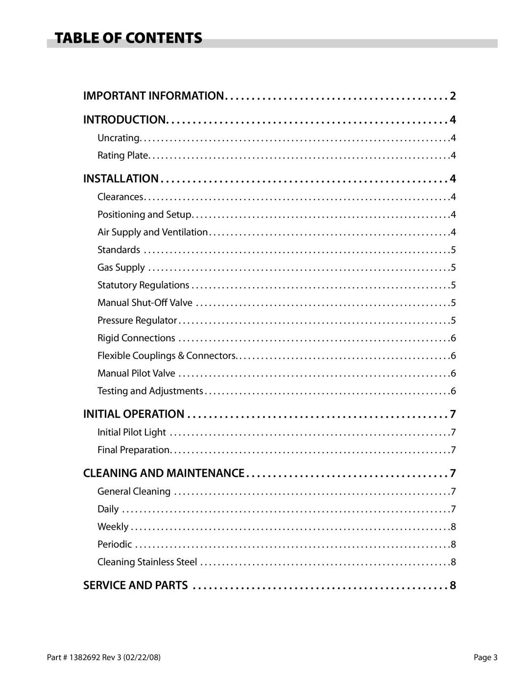 Garland RBA Series operation manual Table of Contents 