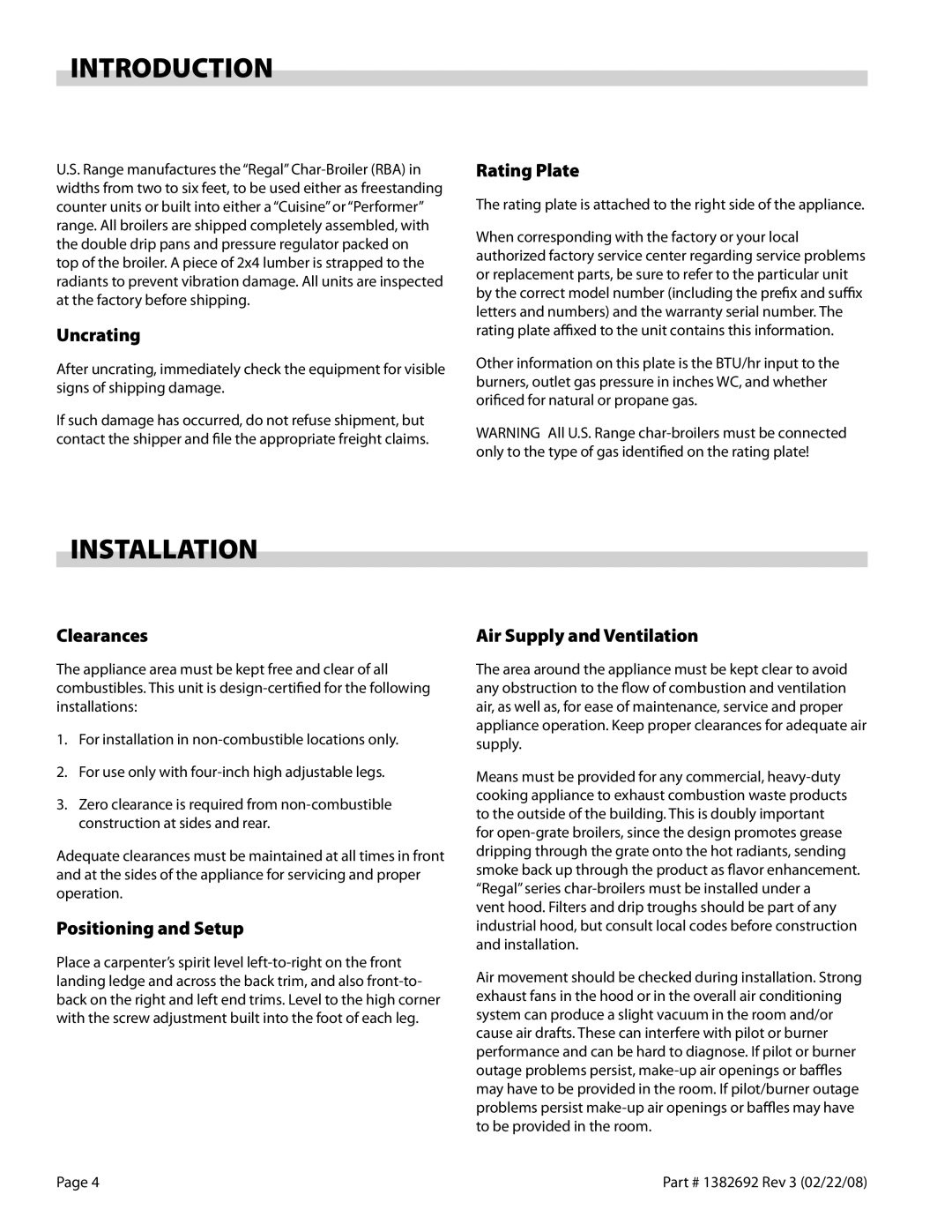 Garland RBA Series operation manual Introduction, Installation 