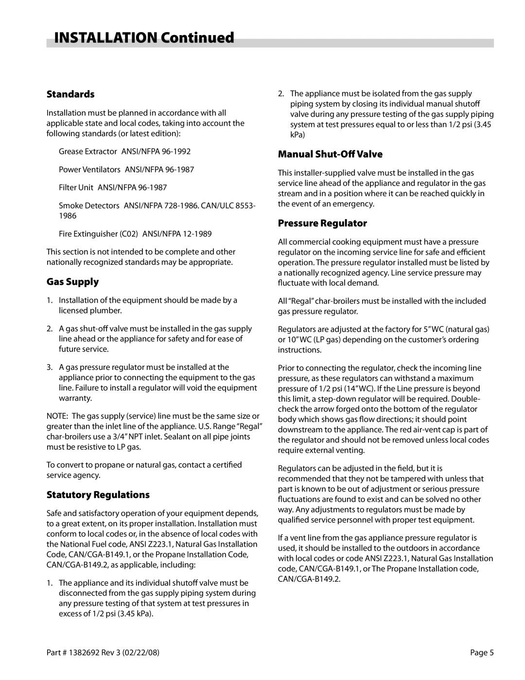 Garland RBA Series operation manual Standards, Gas Supply, Statutory Regulations, Manual Shut-Off Valve, Pressure Regulator 