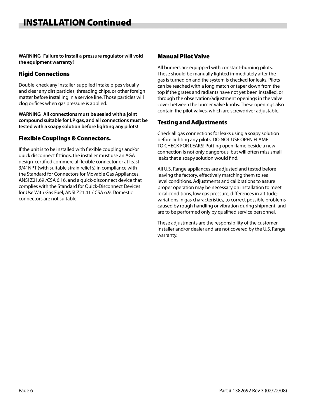 Garland RBA Series Rigid Connections, Flexible Couplings & Connectors, Manual Pilot Valve, Testing and Adjustments 