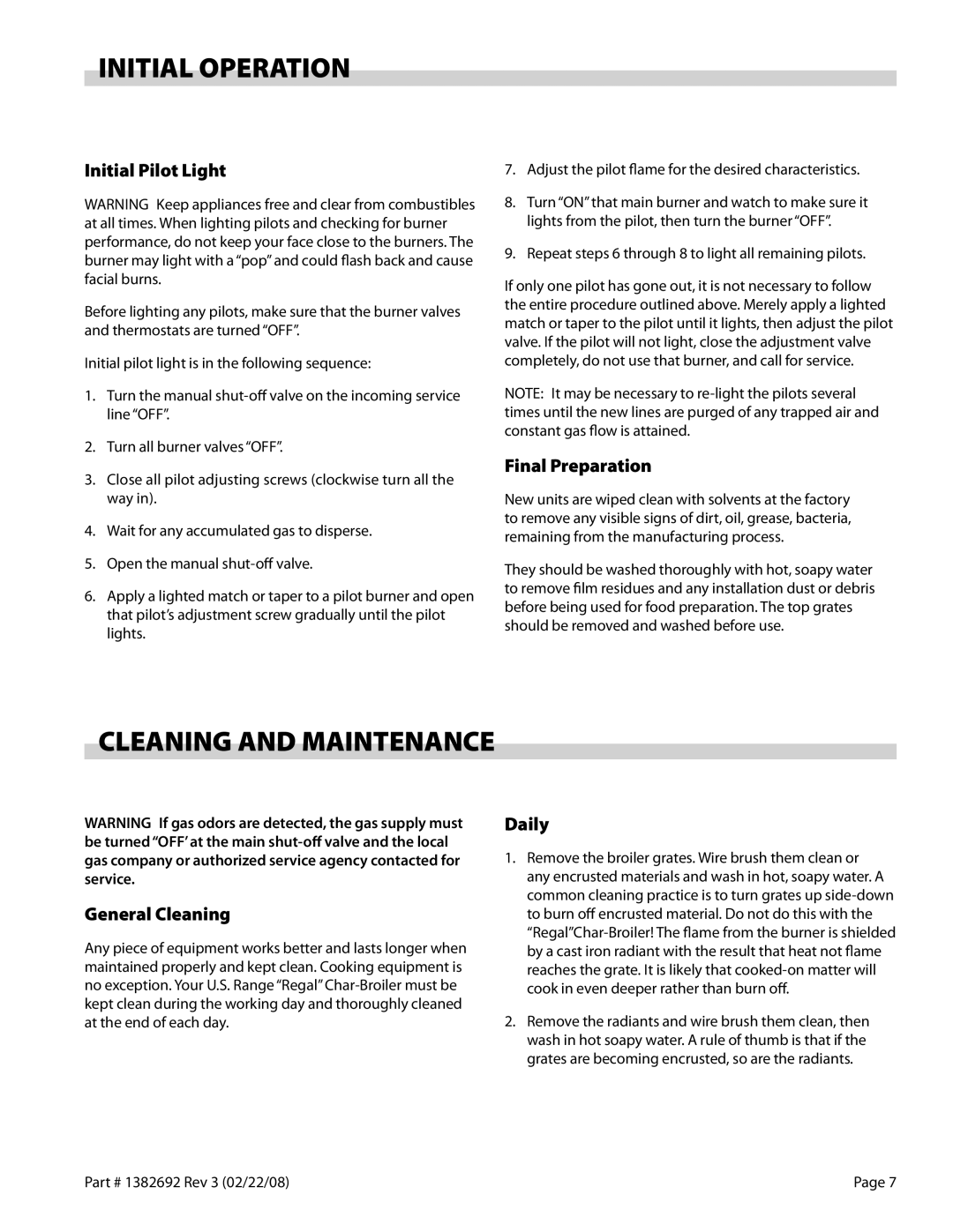 Garland RBA Series operation manual Initial Operation, Cleaning and Maintenance 