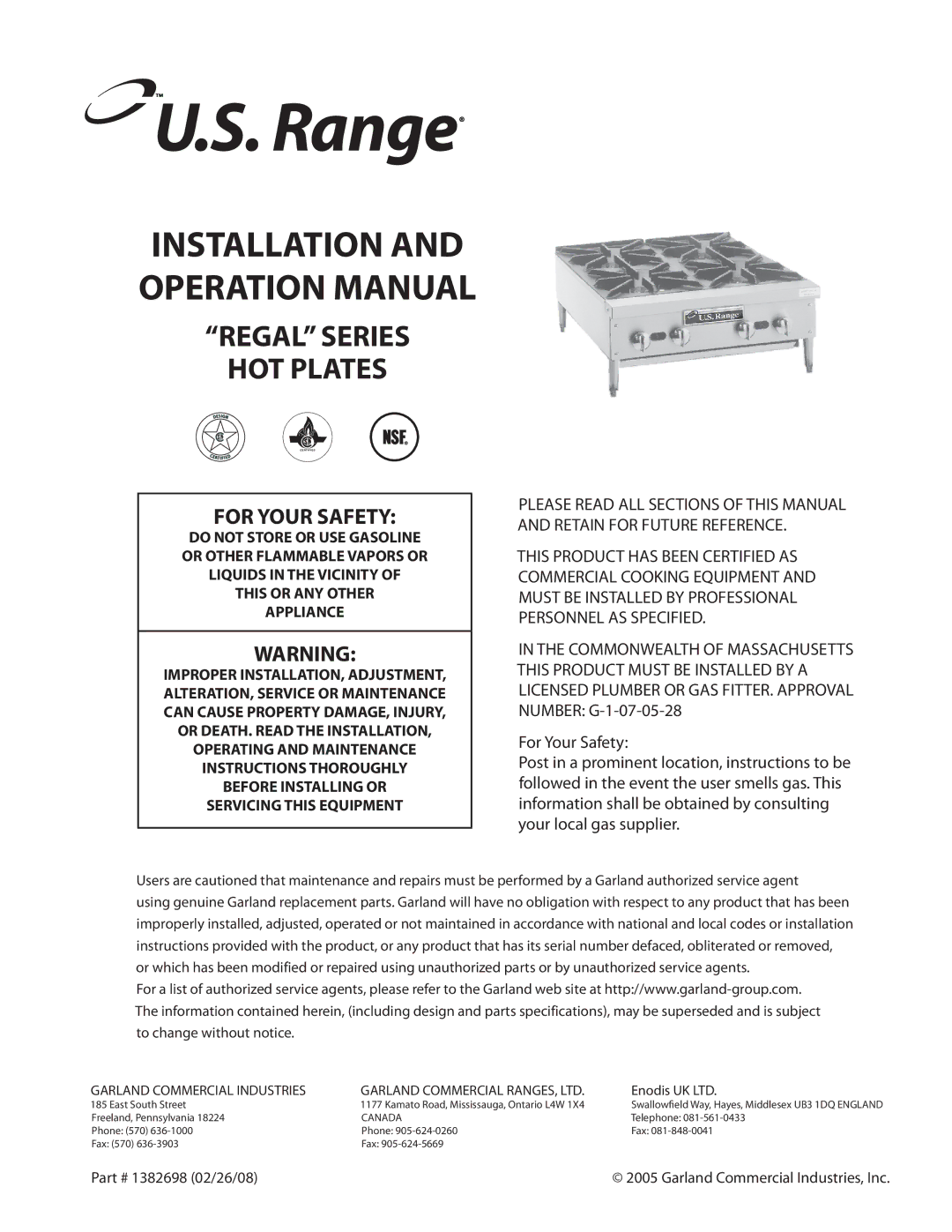 Garland operation manual Regal Series HOT Plates, 1382698 02/26/08 