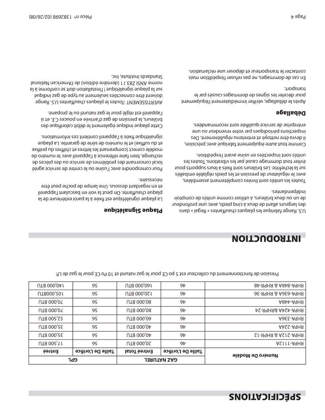 Garland Regal Series operation manual Spécifications, Signalétique Plaque, Déballage 