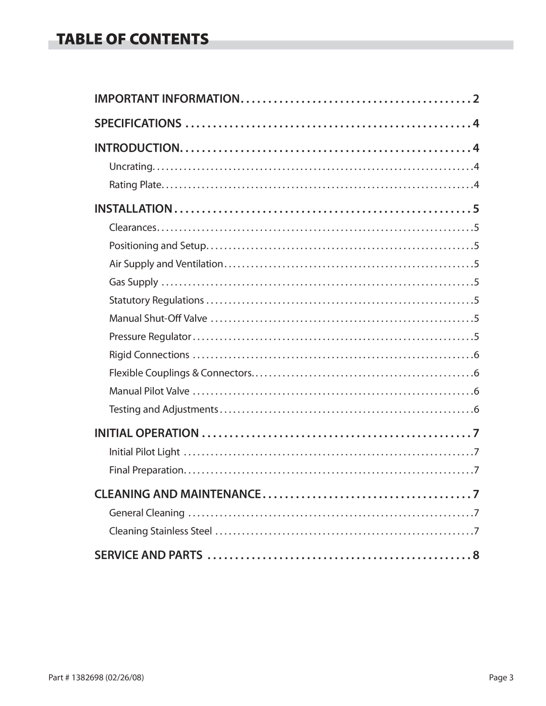 Garland Regal Series operation manual Table of Contents 