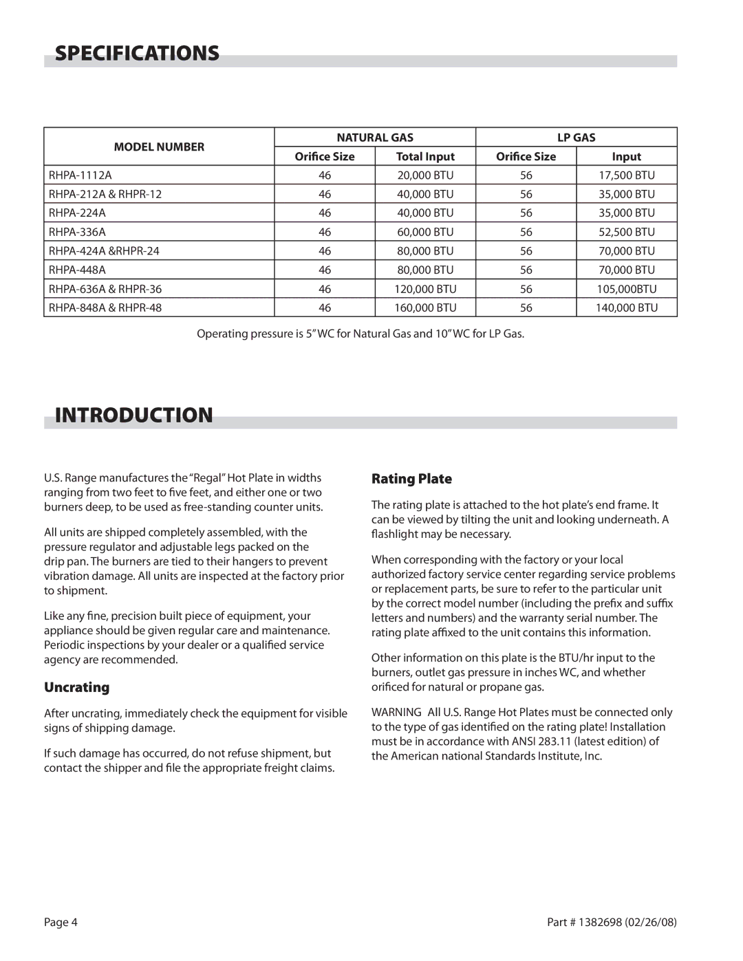 Garland Regal Series operation manual Specifications, Introduction, Uncrating, Rating Plate 