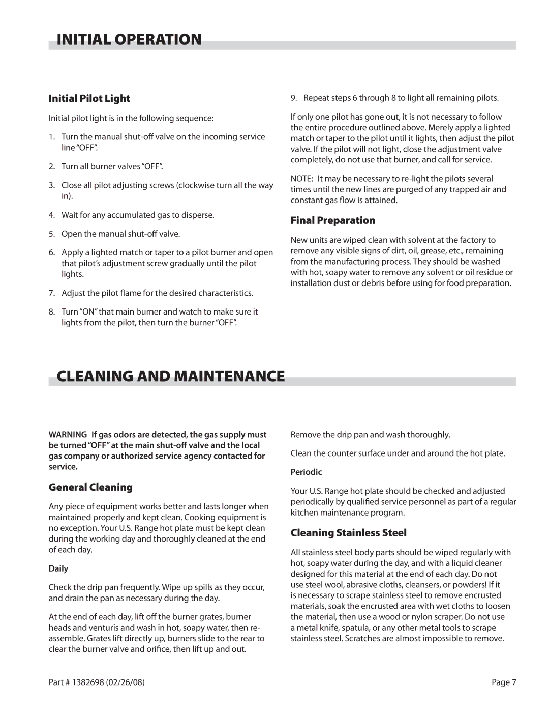 Garland Regal Series operation manual Initial Operation, Cleaning and Maintenance 