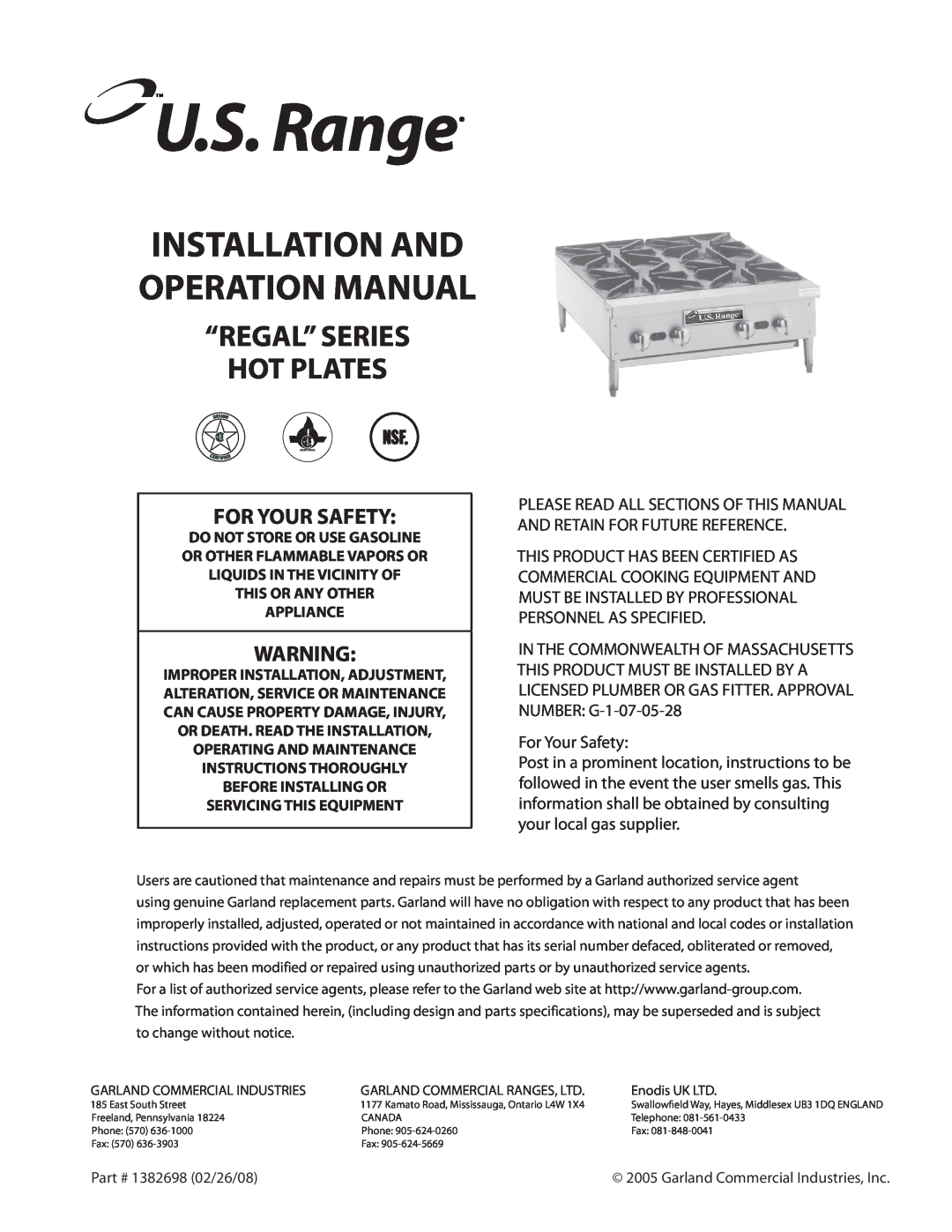 Garland Regal Series operation manual “Regal” Series Hot Plates, For Your Safety, This Or Any Other Appliance 