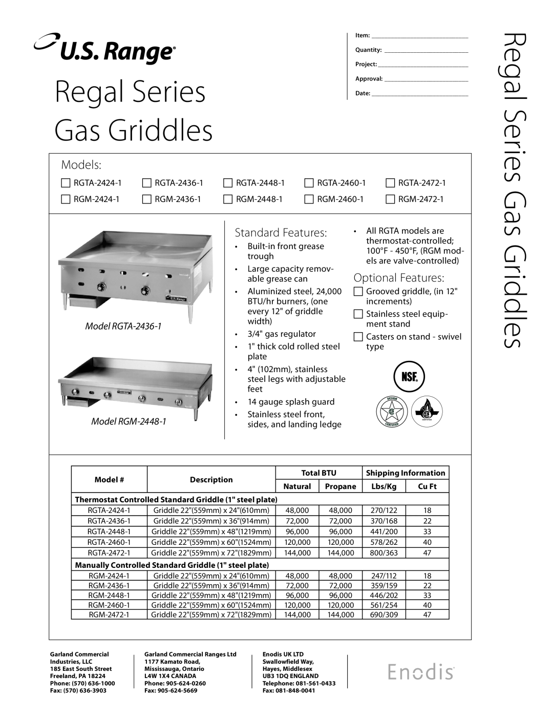 Garland RGTA-2460-1 manual Gas Griddles, Regal Series Gas, Models, Standard Features, Optional Features 