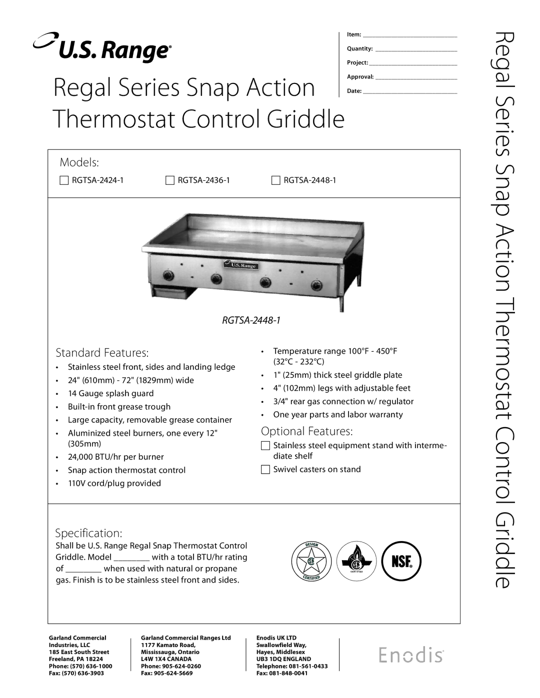 Garland RGTSA-2424-1 specifications Regal Series Snap Action, Griddle, Standard Features, Optional Features, Specification 