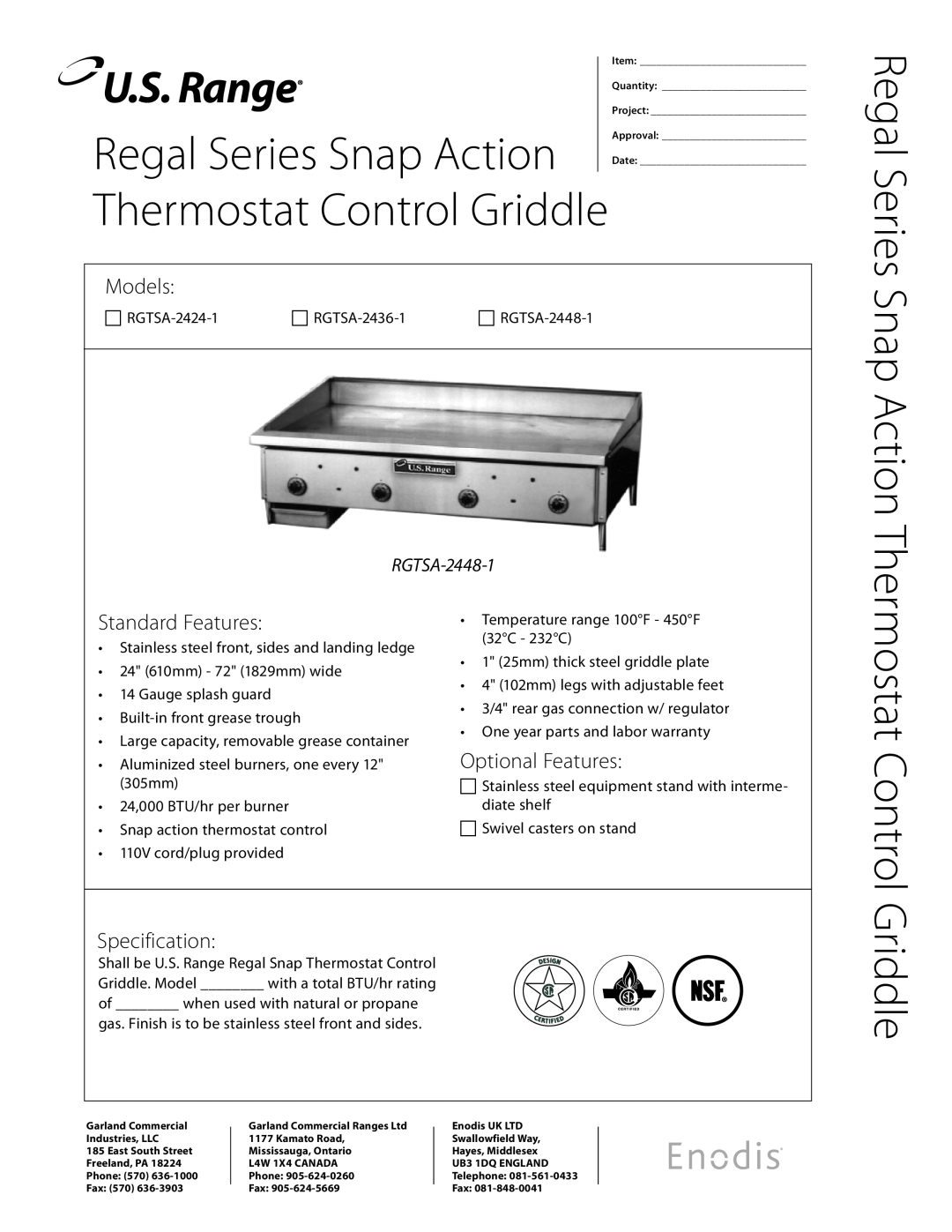 Garland RGTSA-2424-1 specifications Regal Series Snap Action, Thermostat Control Griddle, Models, Standard Features 