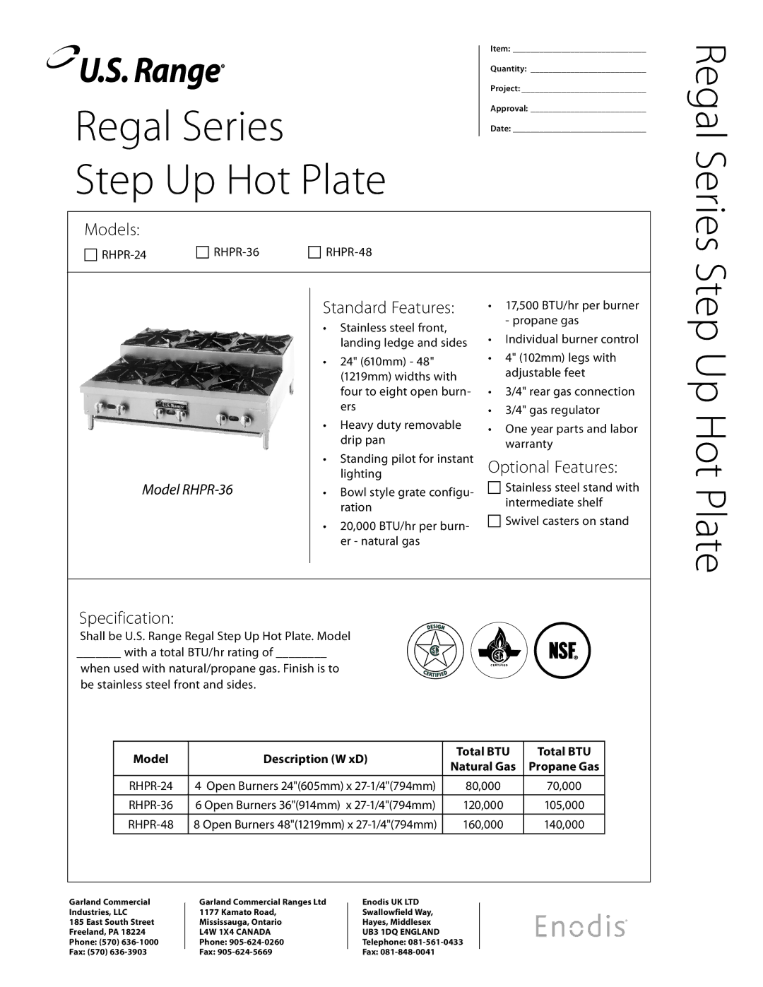 Garland RHPR-48, RHPR-24, RHPR-36 warranty Models, Standard Features, Optional Features, Specification 