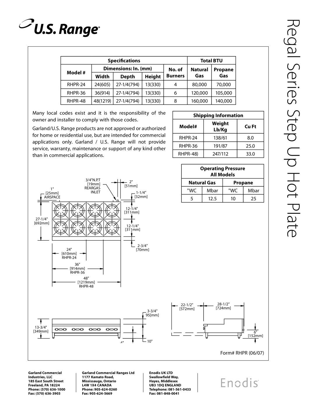 Garland RHPR-36, RHPR-24, RHPR-48 warranty Step Up Hot Plate 