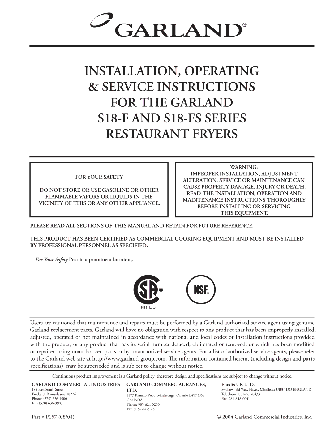 Garland installation instructions S18-F and S18-FS Series Restaurant Fryers 