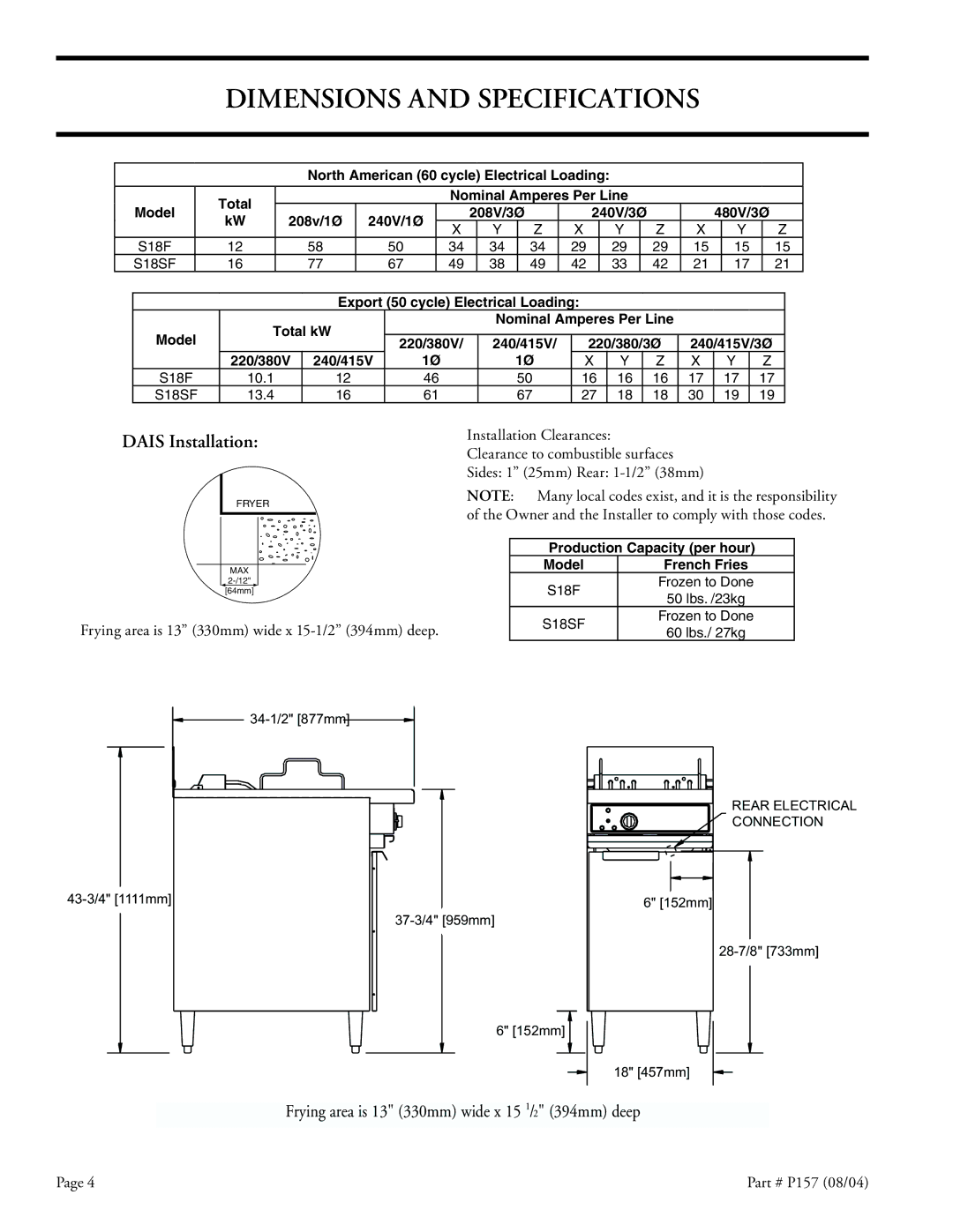 Garland S18-F installation instructions Dimensions and Specifications, Dais Installation 