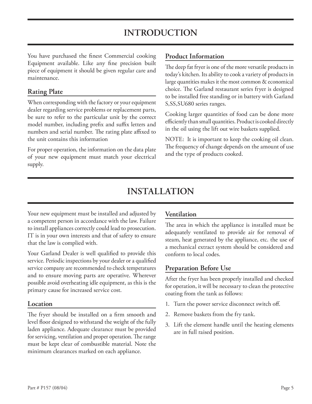 Garland S18-F installation instructions Introduction, Installation 