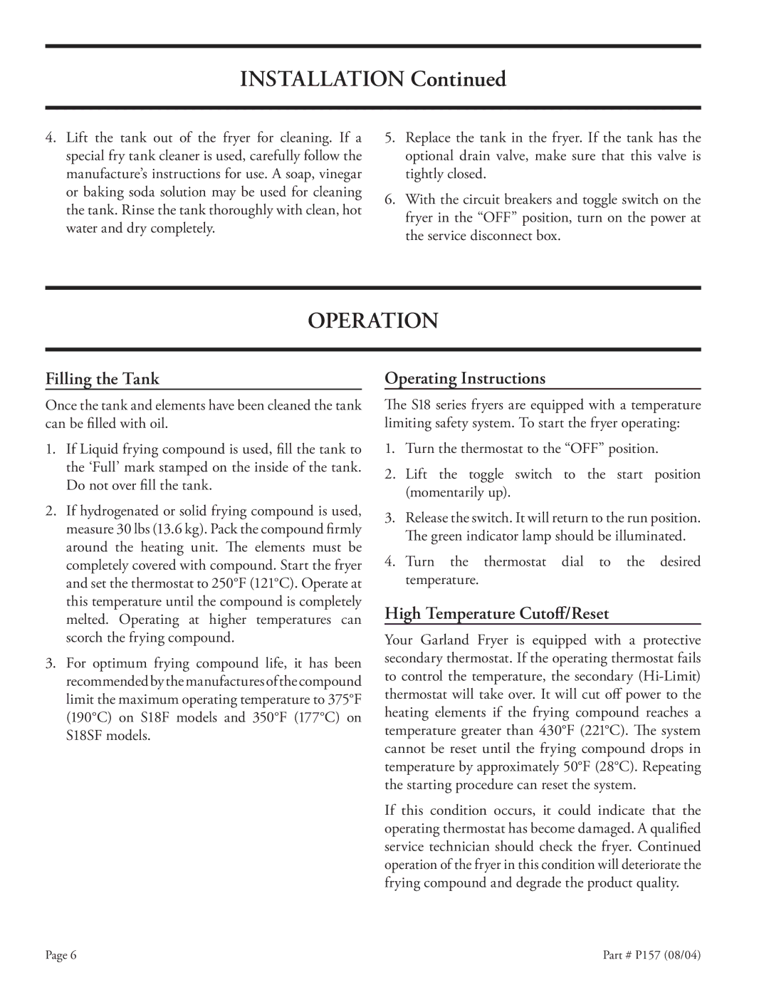 Garland S18-F installation instructions Operation, Filling the Tank, Operating Instructions, High Temperature Cutoﬀ/Reset 