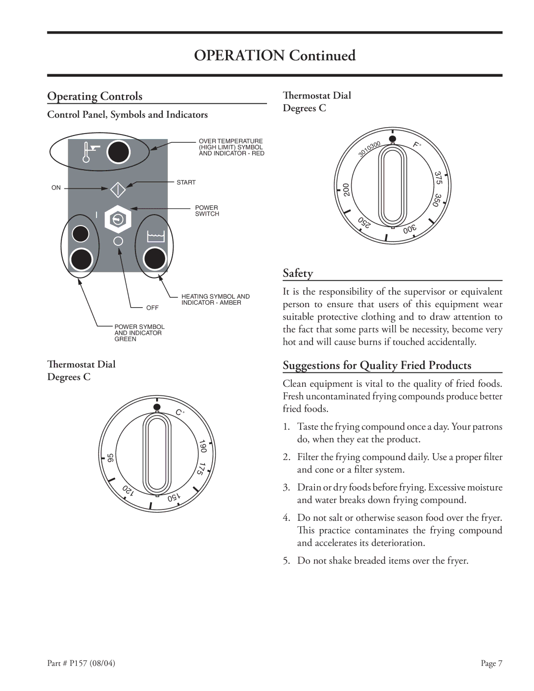 Garland S18-F installation instructions Operating Controls, Safety, Suggestions for Quality Fried Products 