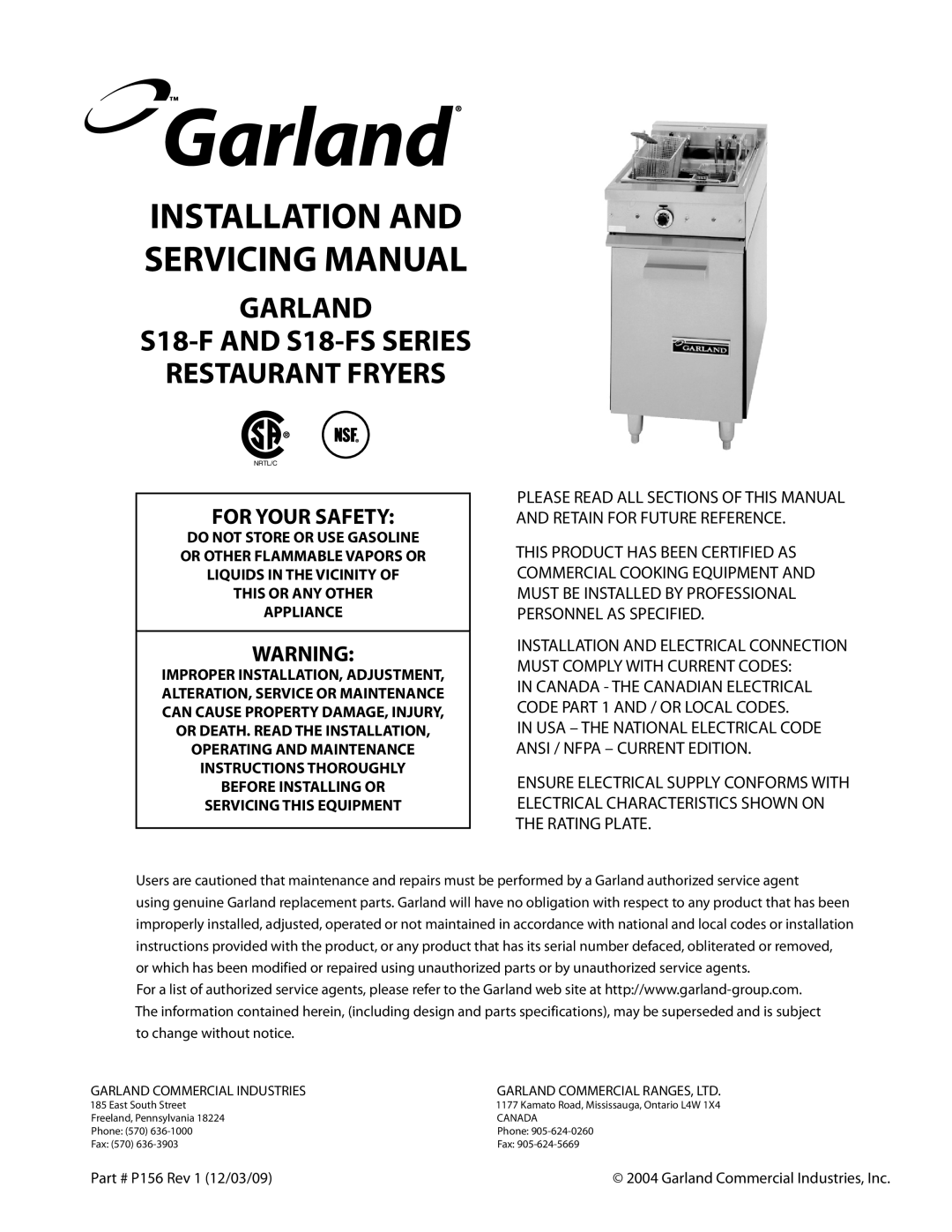 Garland S18-FS installation instructions Installation and Servicing Manual 