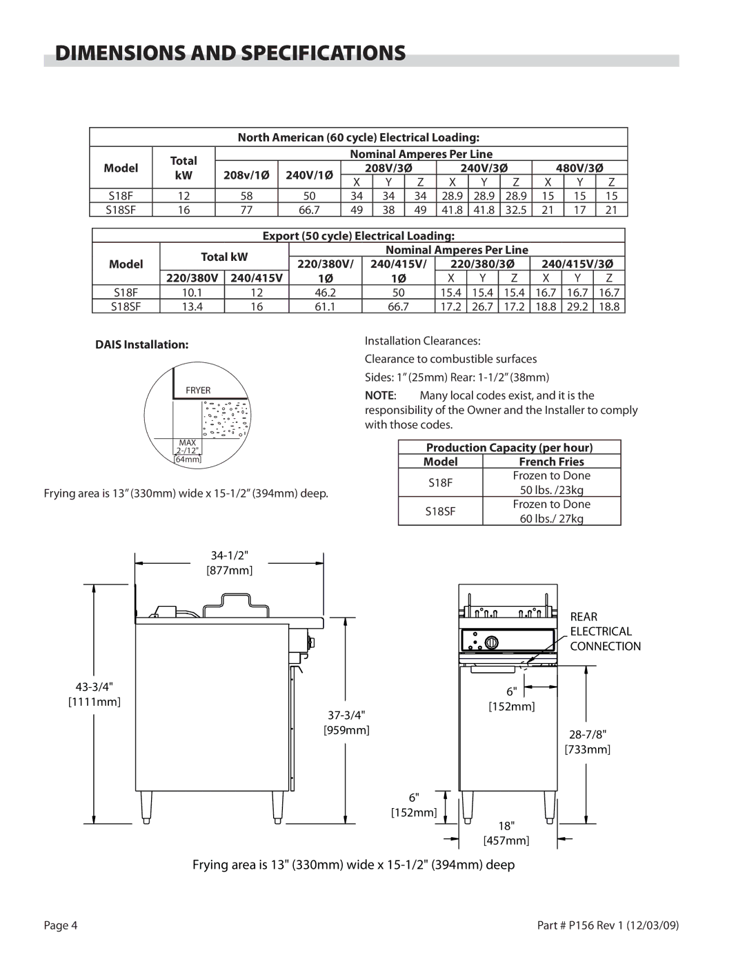 Garland S18-FS installation instructions Dimensions and Specifications, Dais Installation 