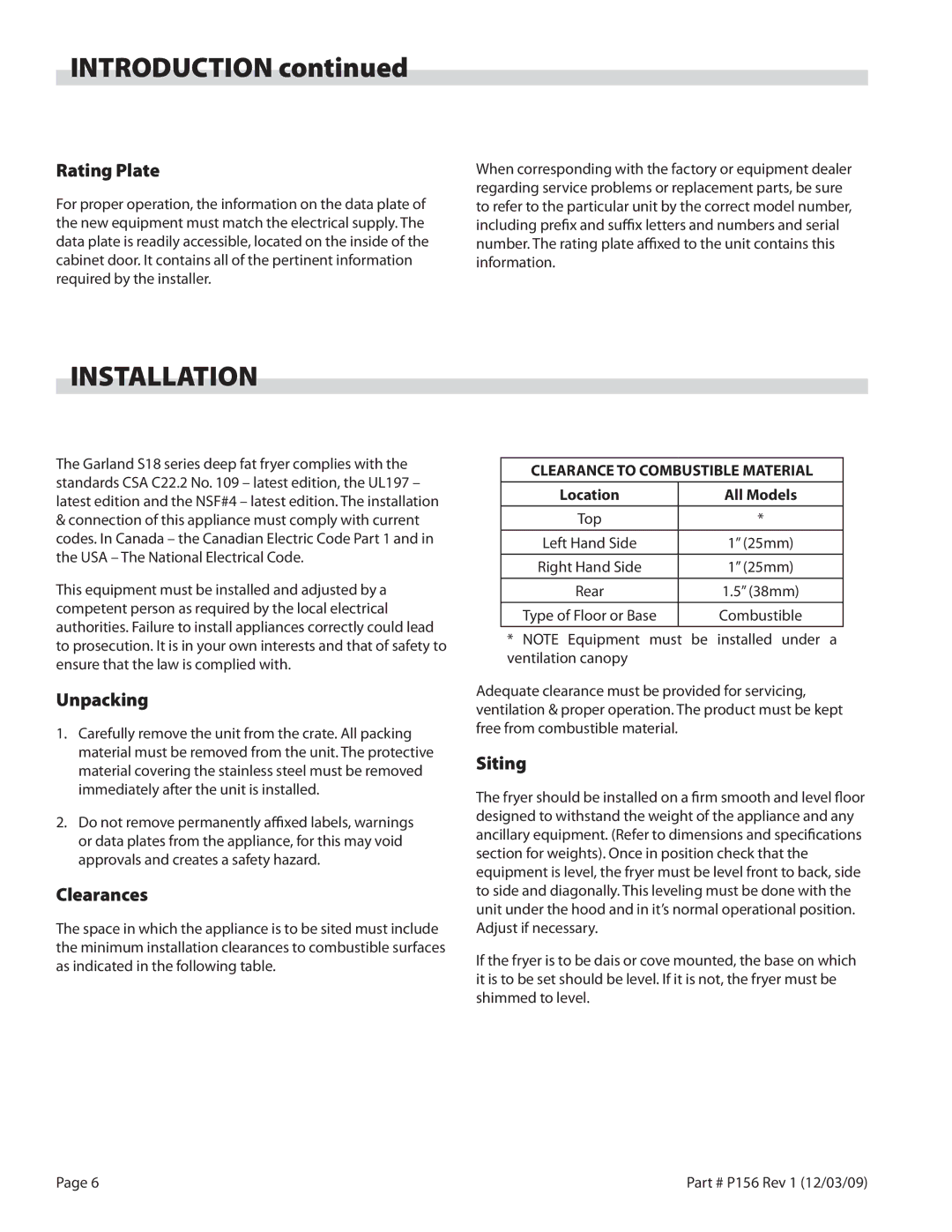 Garland S18-FS installation instructions Installation, Rating Plate, Unpacking, Clearances, Siting 