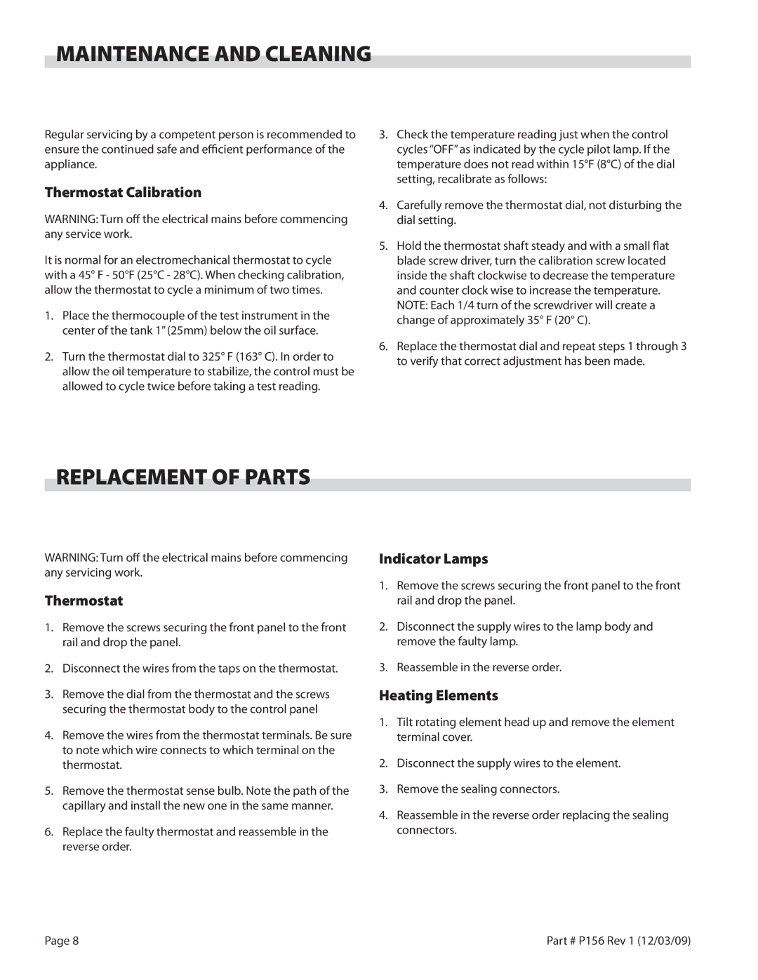 Garland S18-FS installation instructions Maintenance and Cleaning, Replacement of Parts 