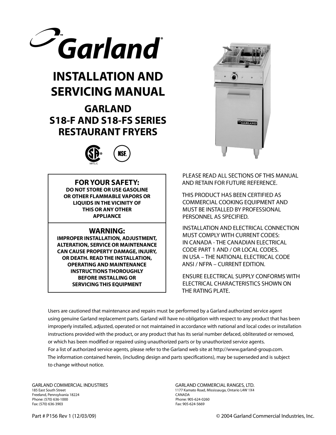 Garland S18-FS installation instructions Installation And Servicing Manual 