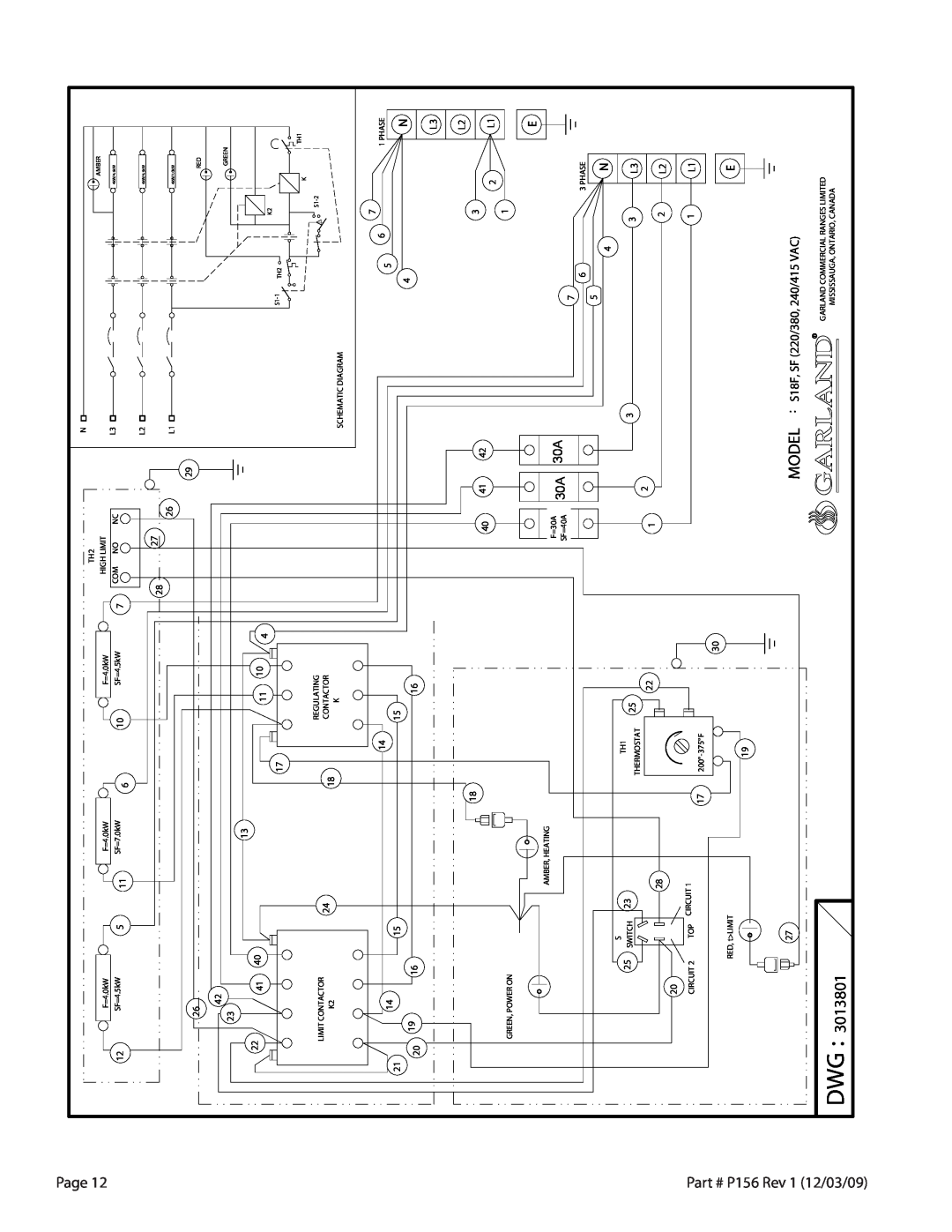 Garland S18-FS installation instructions 3013801, 12/03/09, Part, Model 