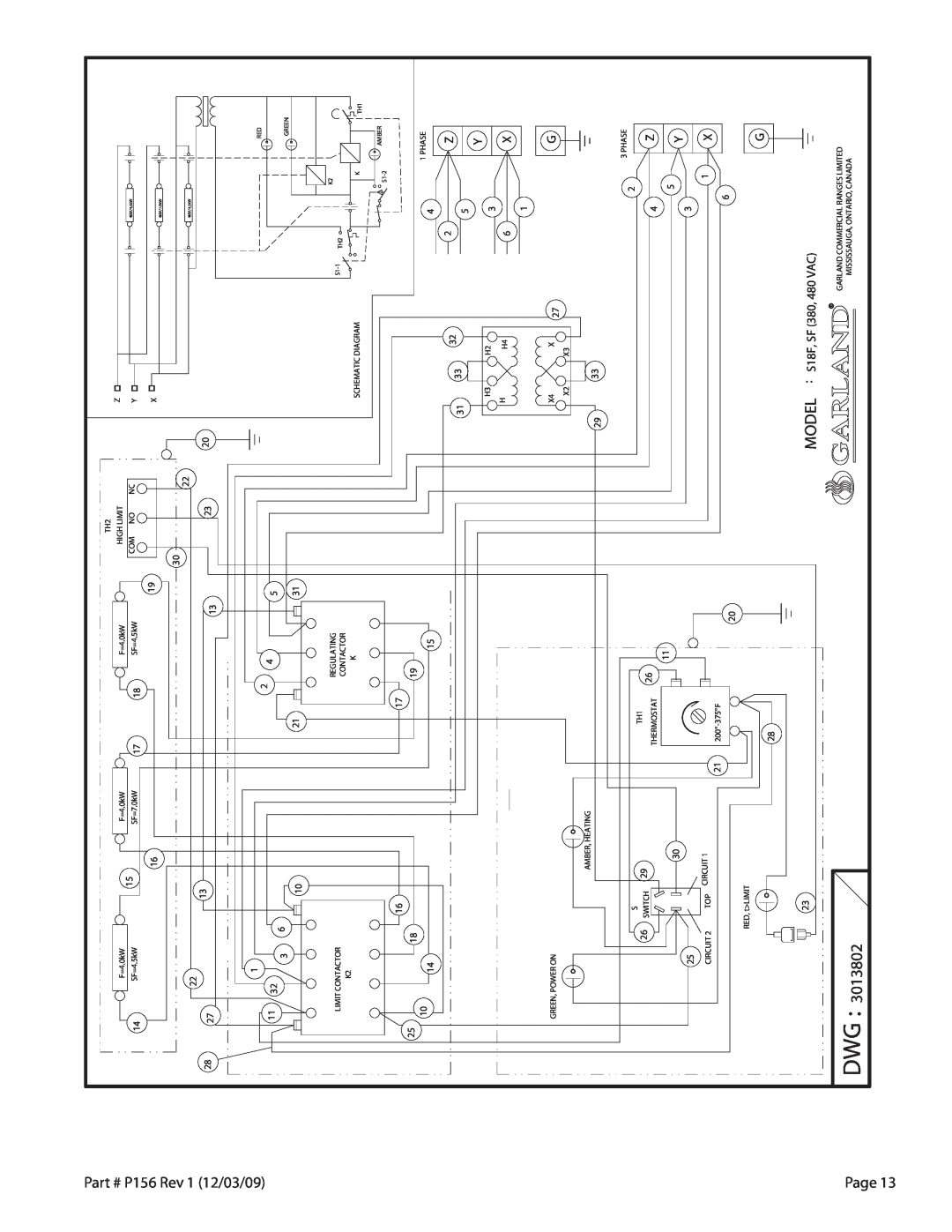 Garland S18-FS installation instructions Model, P156 Rev 1 12/03/09 Page, Dwg 