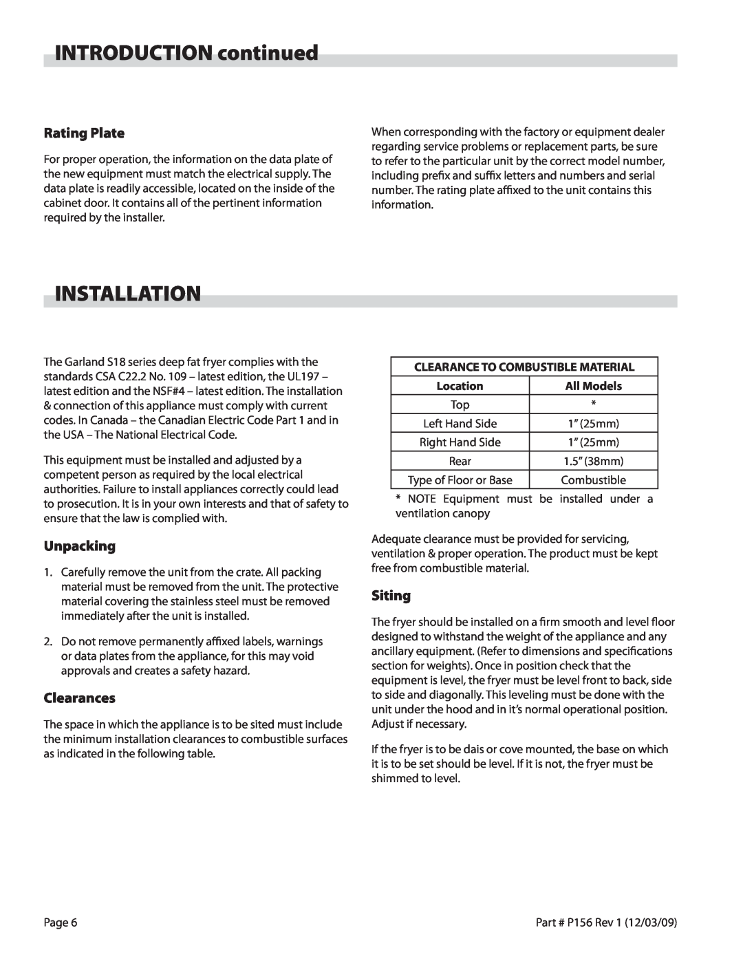 Garland S18-FS installation instructions INTRODUCTION continued, Installation, Rating Plate, Unpacking, Clearances, Siting 