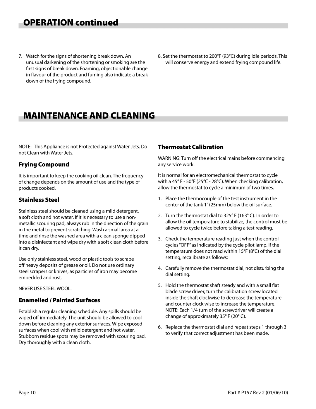 Garland S18SF operation manual Maintenance and Cleaning, Frying Compound, Stainless Steel, Enamelled / Painted Surfaces 